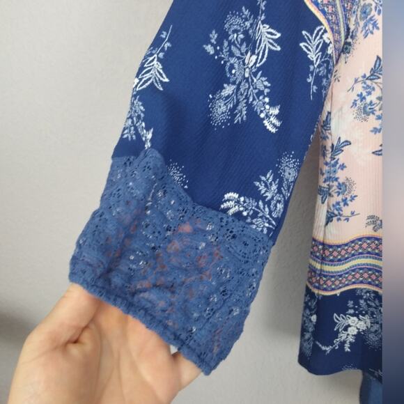 OLIVE HILL Boho Peasant Floral Top Pink Blue Med. - Picture 6 of 15